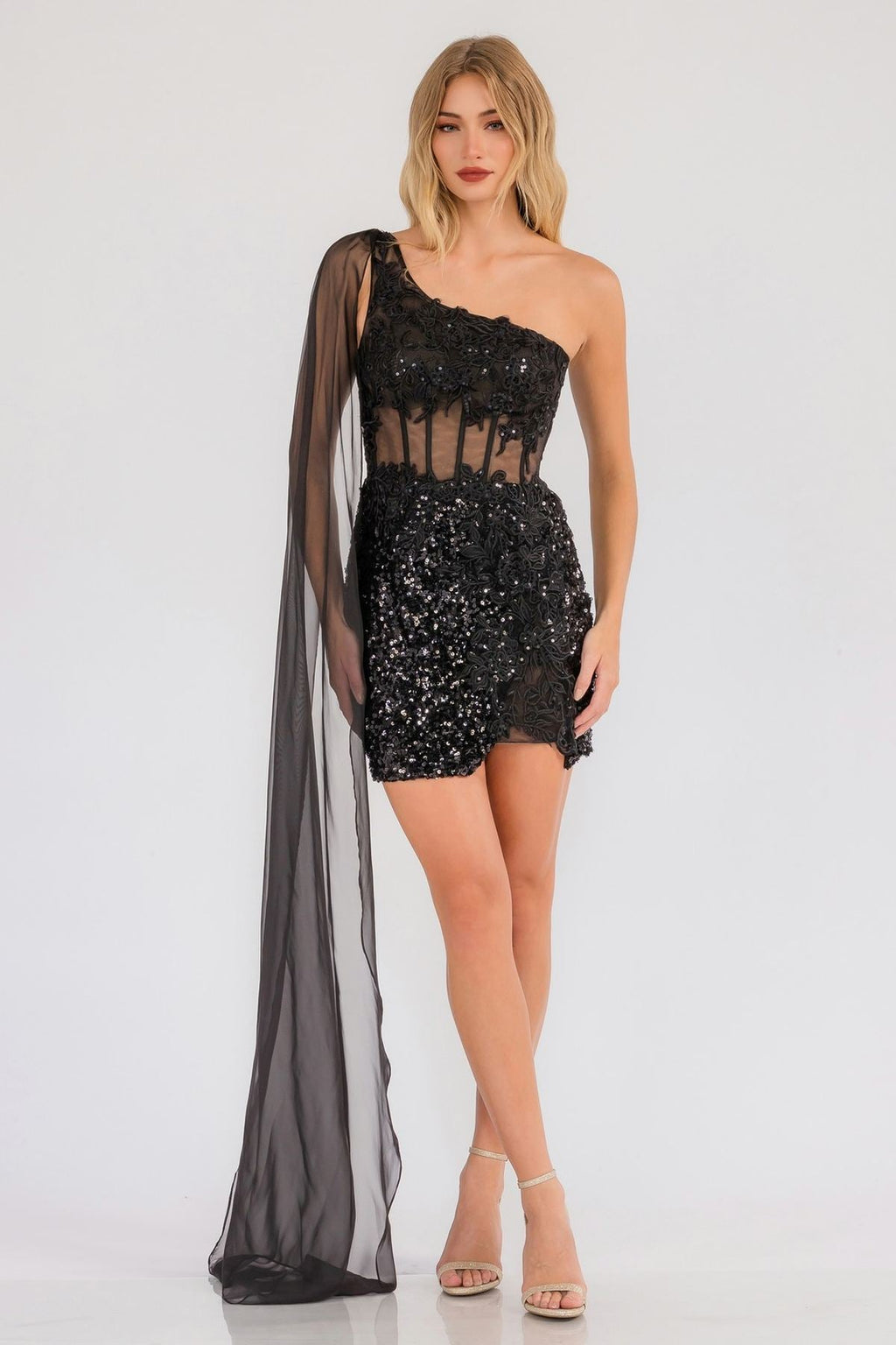 One-shoulder sequin mini dress with one-sided sheer cape sleeve, black