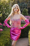 Fuchsia metallic corset-bodice cocktail dress with embellished sweetheart neckline and short fit.