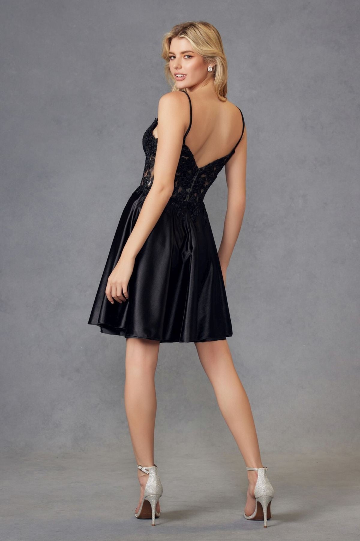 Black lace corset satin dress, open-back V neckline, sleeveless flared skirt