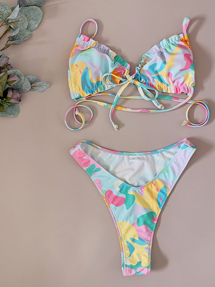 Sexy Ruffle Set High Cut Swimsuit Women Print Bathing Suits Swimwear Vibrant Color Bikini