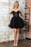 Short off-shoulder A-line homecoming dress with black sequined bodice and sheer puff sleeves