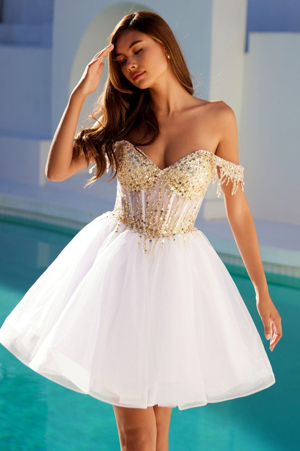 White off-shoulder A-line homecoming dress with gold sequin bodice and short tulle skirt