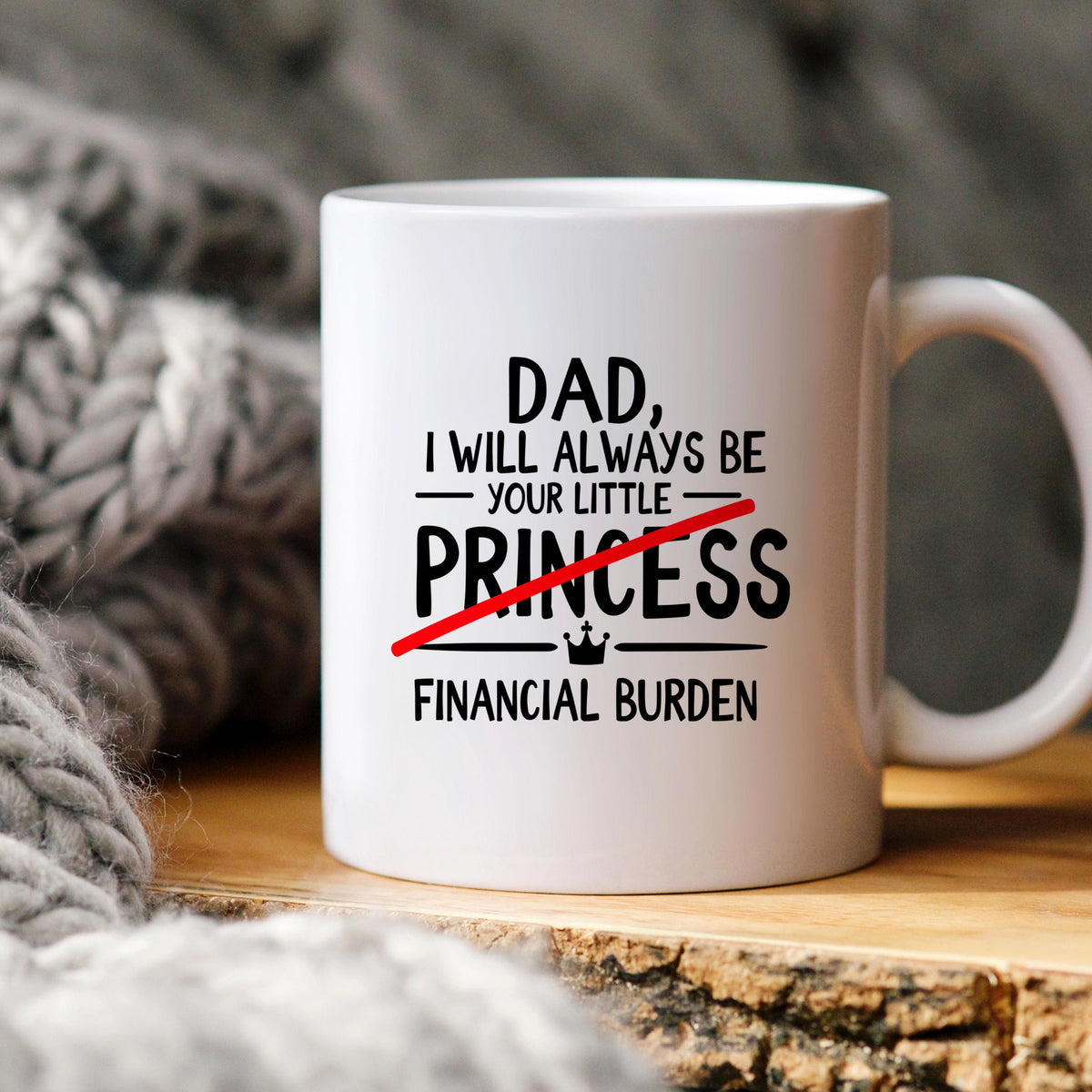 White coffee mug featuring 'DAD' quote, 'your little PRINCESS,' and 'FINANCIAL BURDEN'