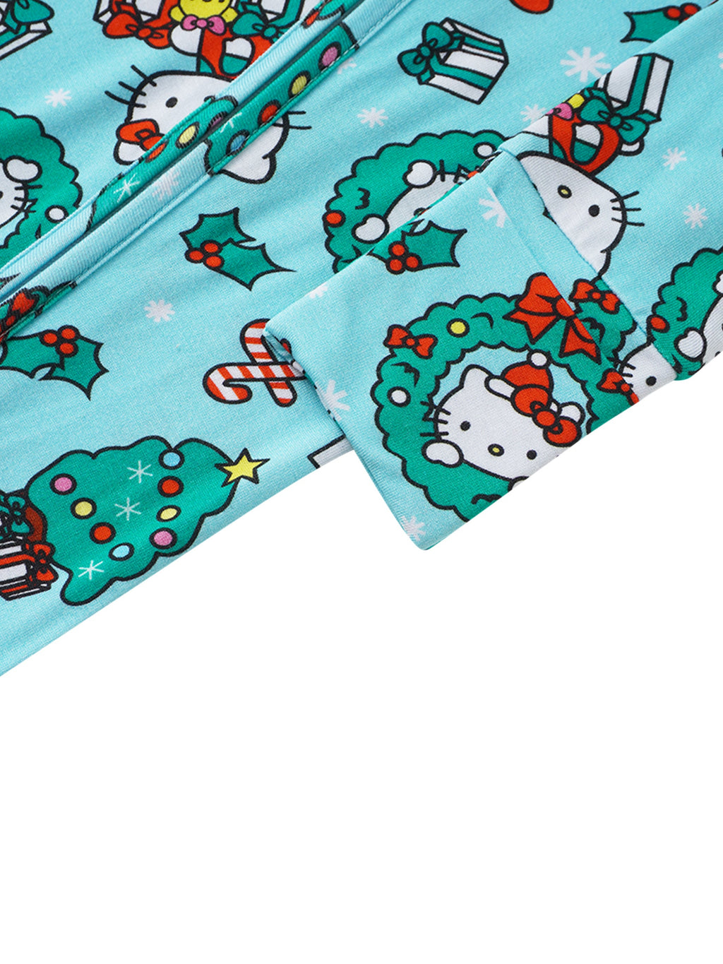 Baby romper cuff and sleeve detail, light blue with festive Hello Kitty wreath pattern
