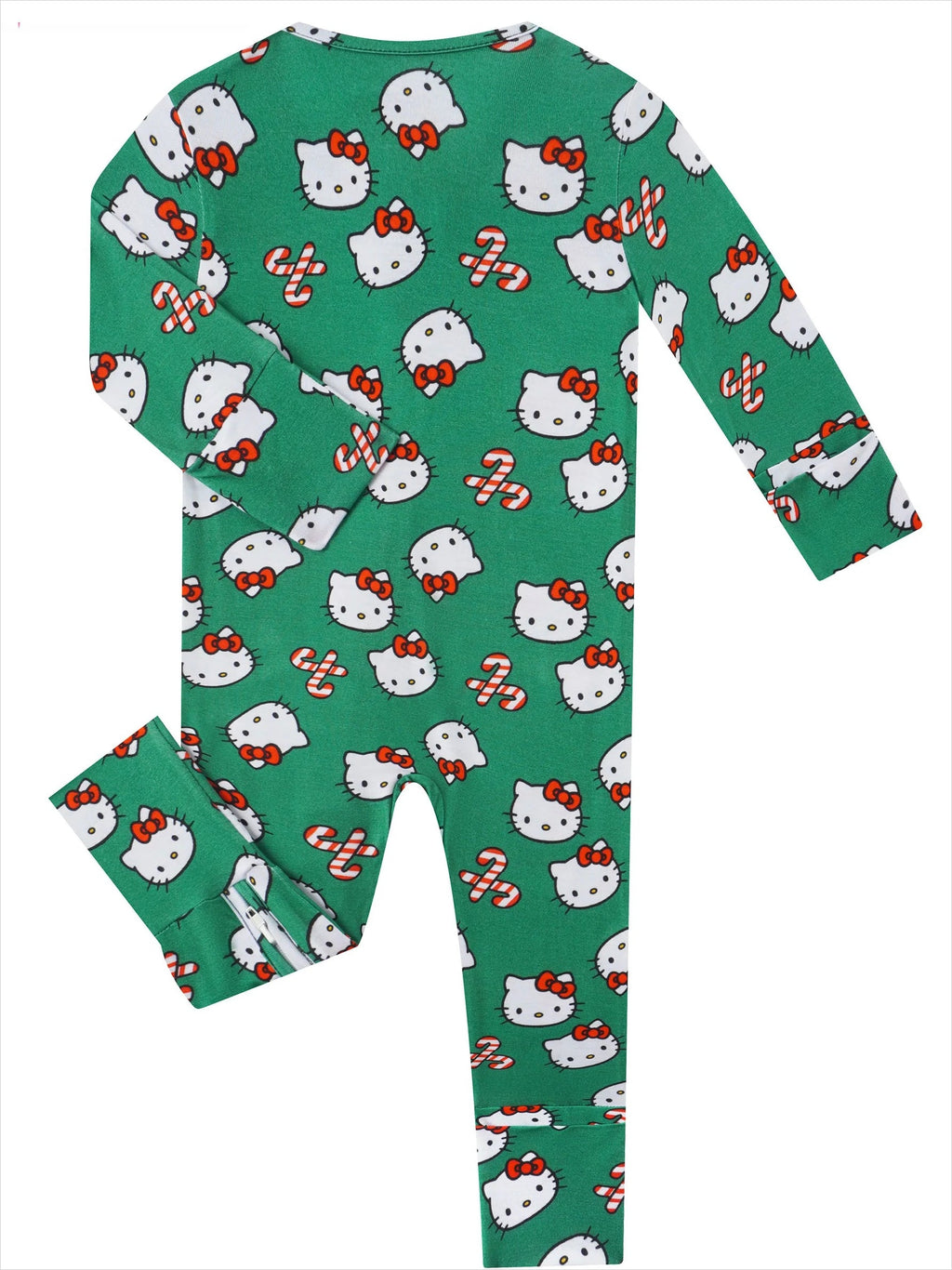 Green bamboo baby romper with long sleeves and Hello Kitty pattern, full front view