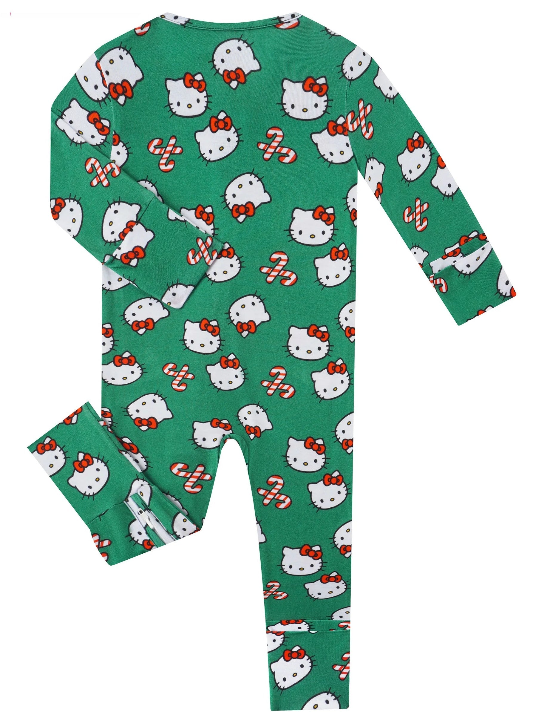 Green bamboo baby romper with long sleeves and Hello Kitty pattern, full front view