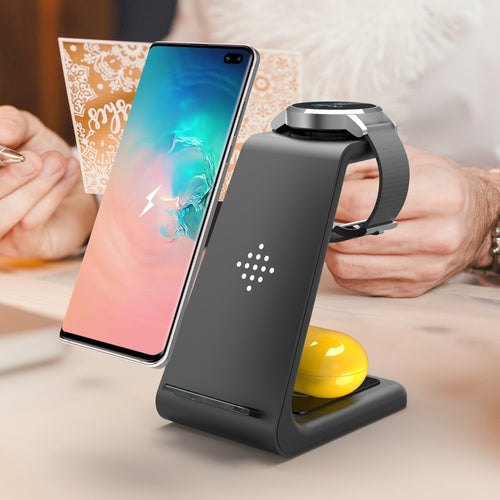 Black 3-in-1 wireless charging stand with phone holder and charging base
