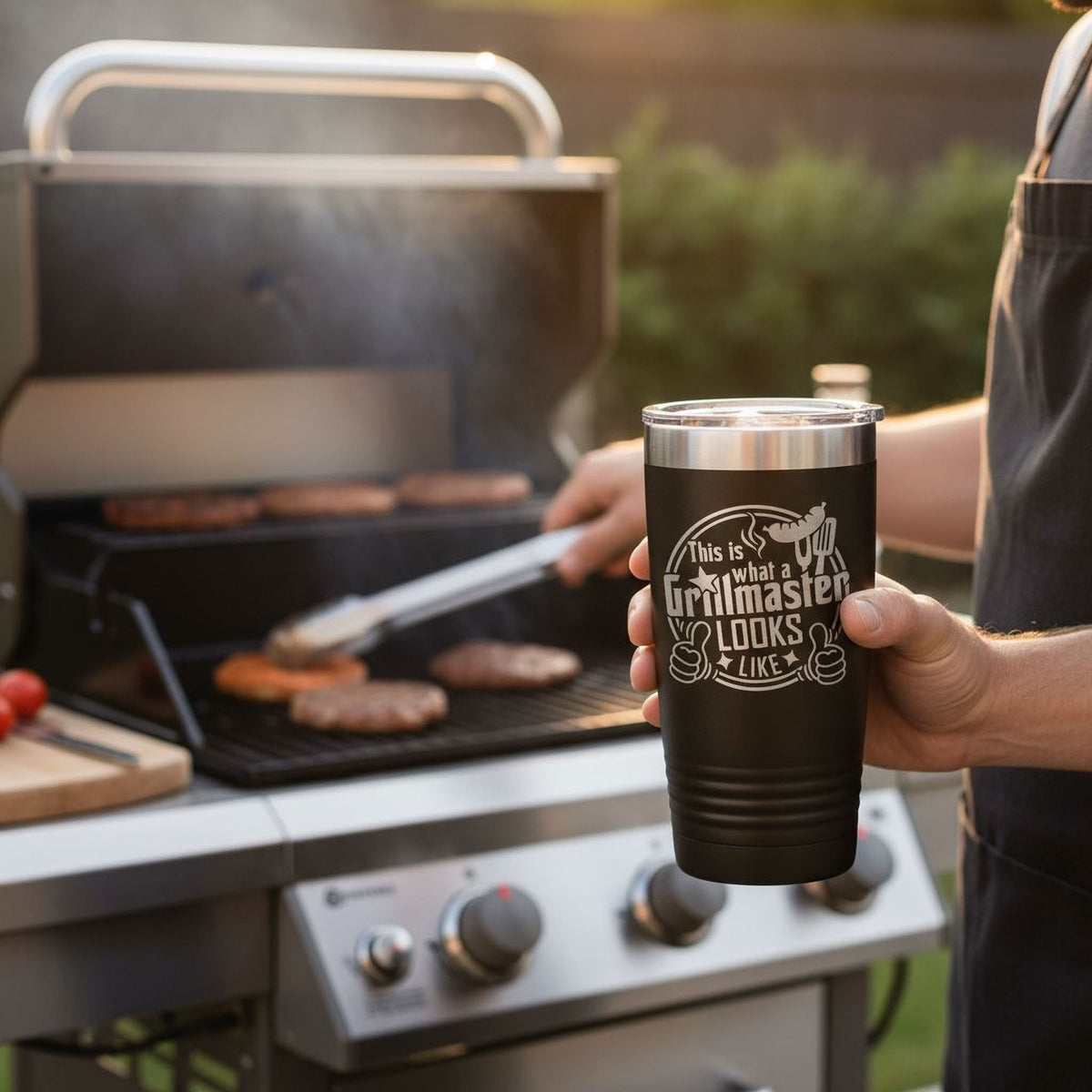 Black insulated stainless steel tumbler held in hand with Grillmaster logo