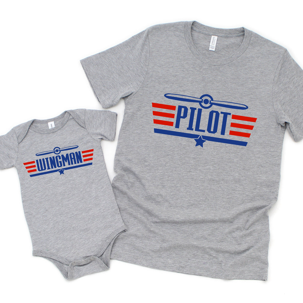 Heather gray T-shirt with 'Pilot' aviation graphic and striped stripes print