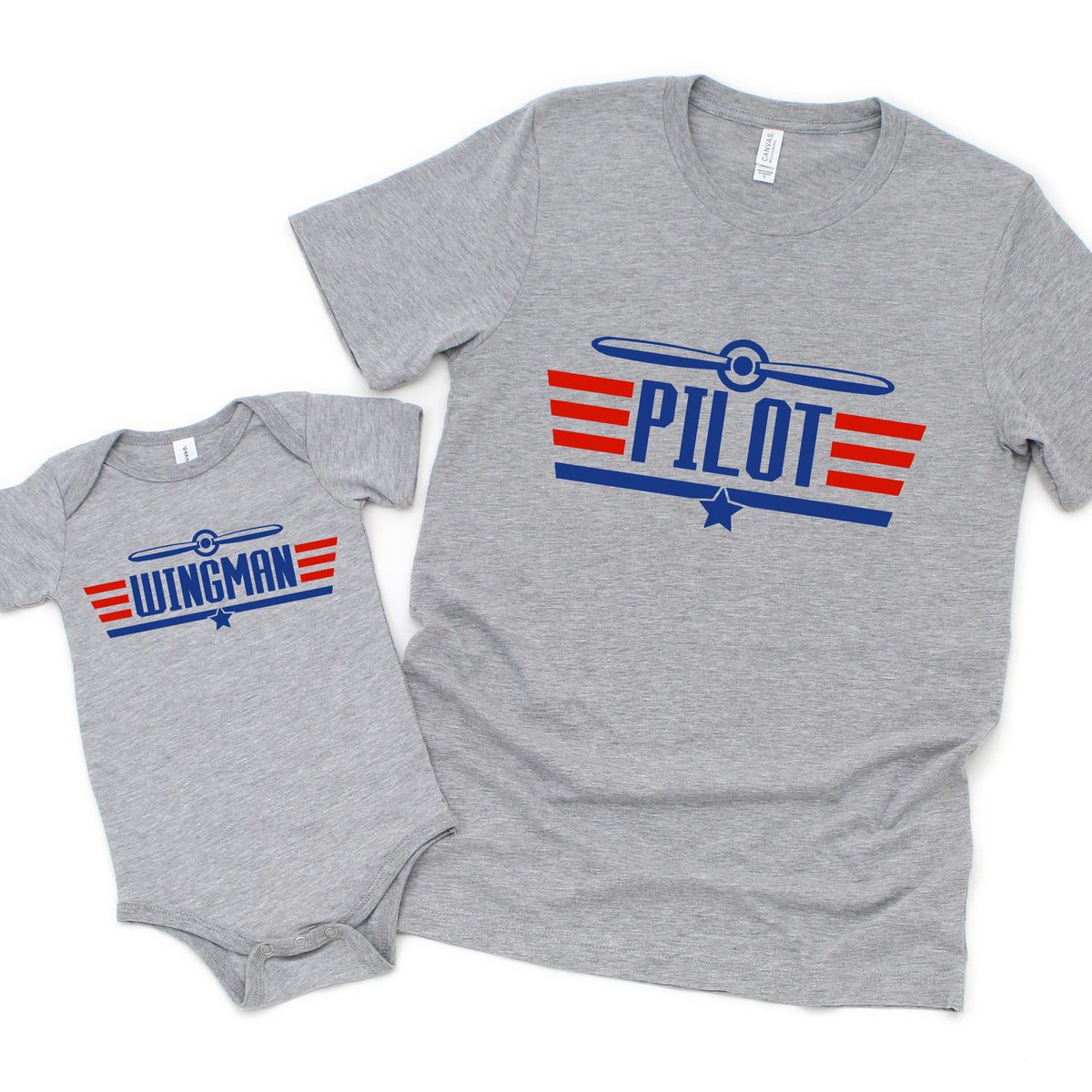 Heather gray T-shirt with 'Pilot' aviation graphic and striped stripes print