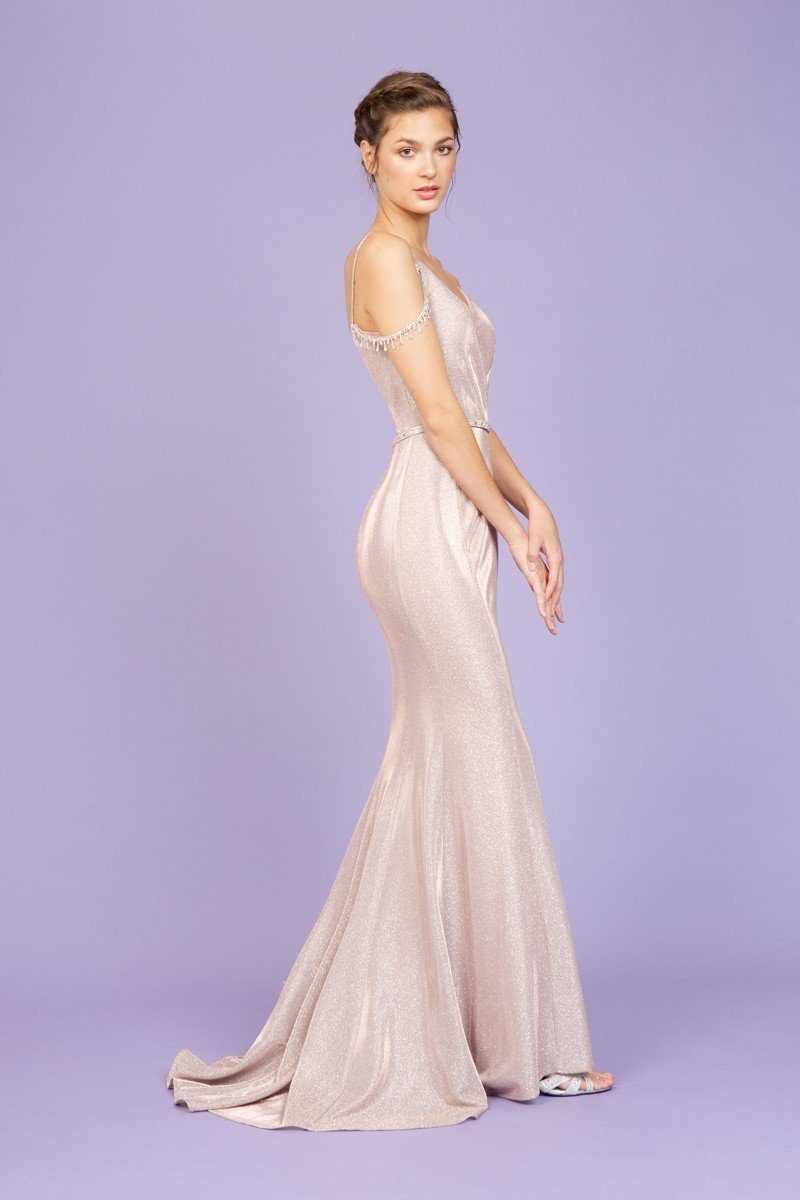 Rose-gold cold-shoulder mermaid long dress with thin shoulder straps and fitted skirt
