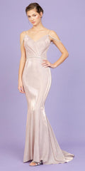 Rose-gold cold-shoulder mermaid long dress with V neckline and chain shoulder straps