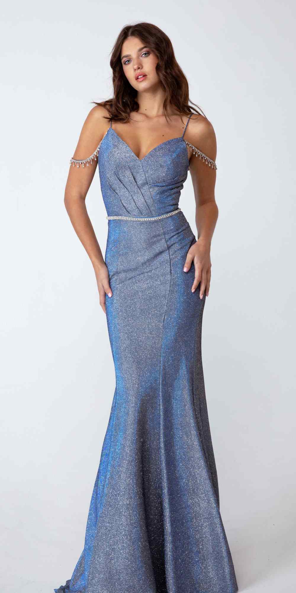 Blue cold-shoulder mermaid long dress with V neckline and fitted fishtail silhouette