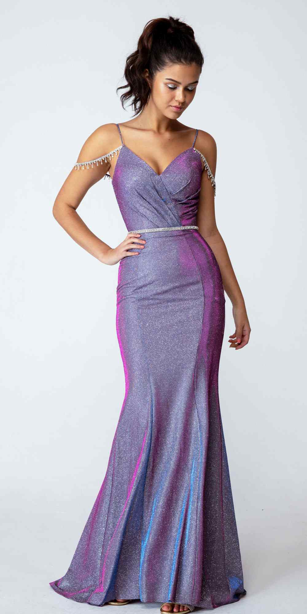 Purple cold-shoulder mermaid long dress with V neckline and sparkly textured fabric