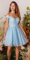 Off-shoulder A-line glitter mesh dress in light blue, short sleeves and full skirt