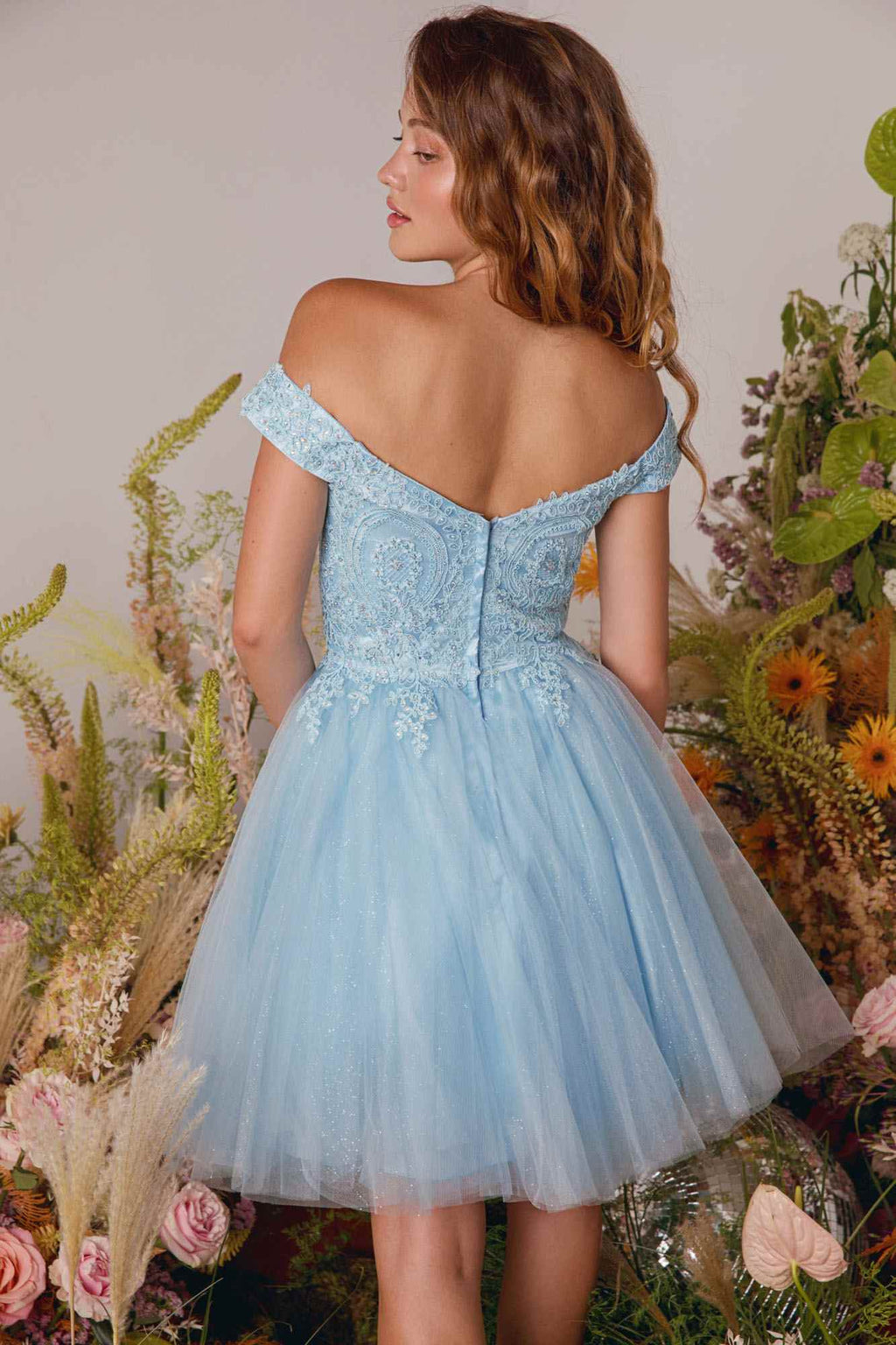Off-shoulder A-line glitter mesh dress in light blue, open back with fitted bodice