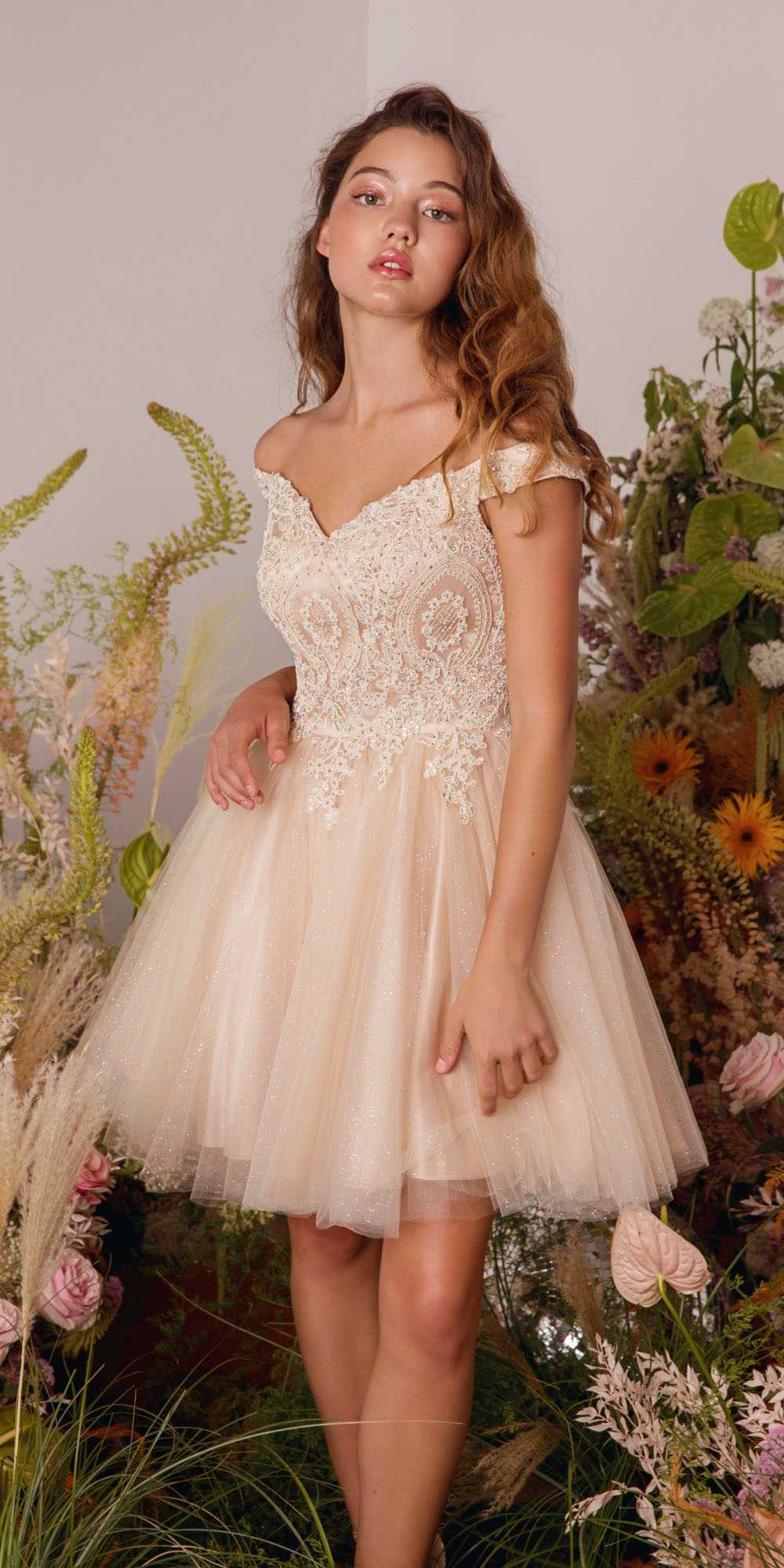 Off-shoulder A-line glitter mesh dress in ivory, short sleeves and flared tulle skirt