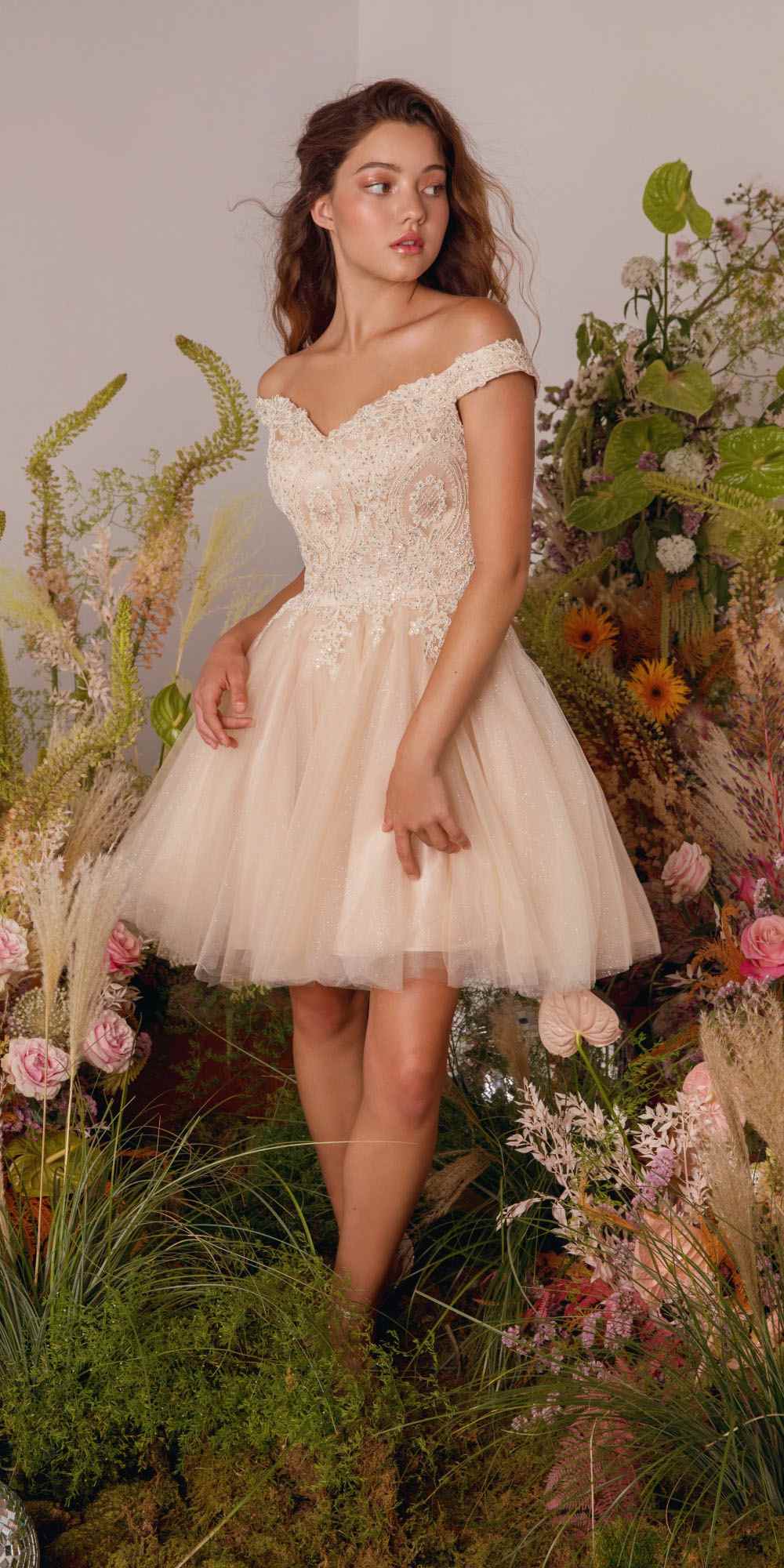 Off-shoulder A-line glitter mesh dress in ivory, lace bodice and layered skirt
