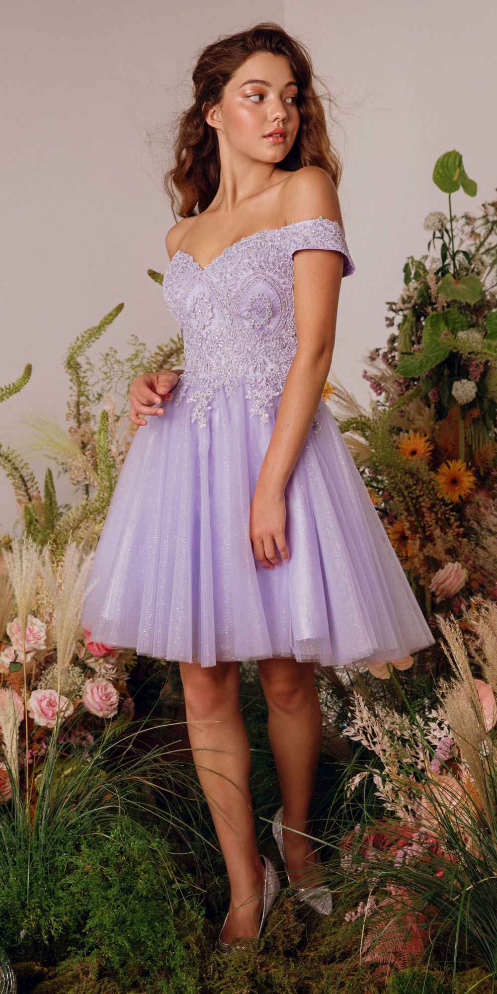 Off-shoulder A-line glitter mesh dress in lavender, short sleeves and flared skirt