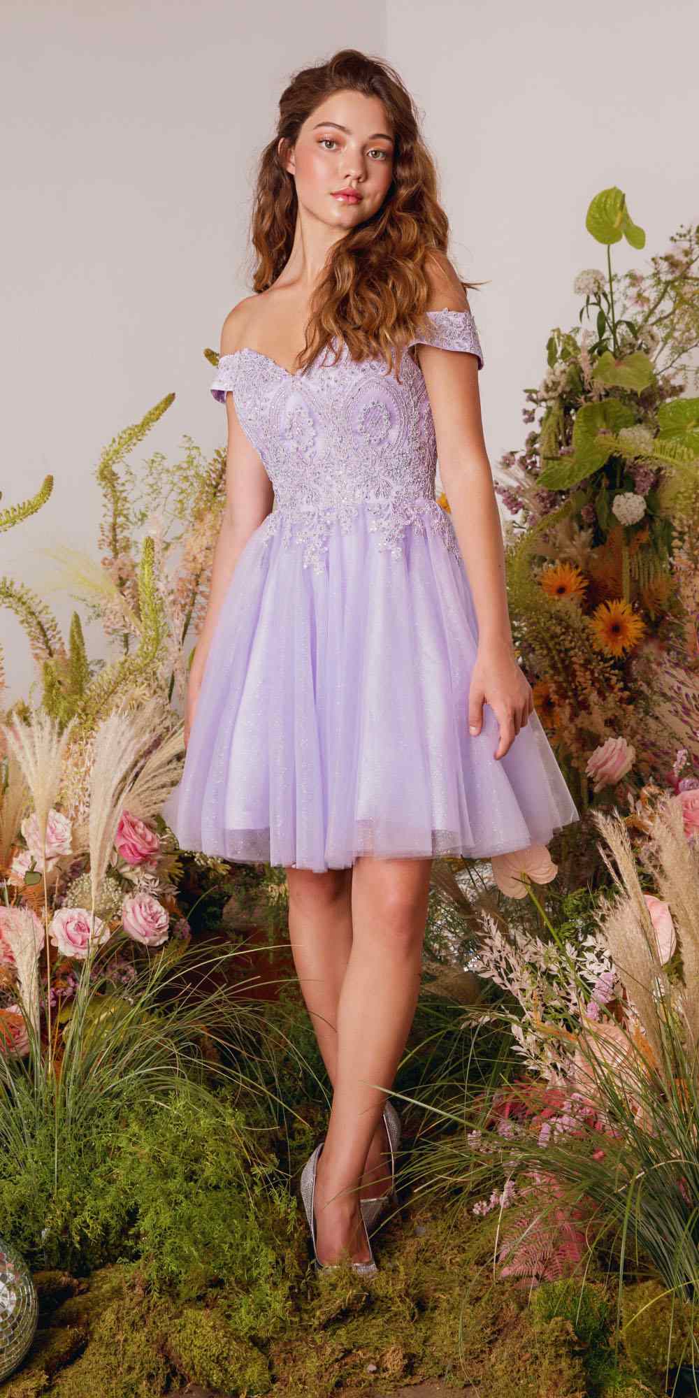 Off-shoulder A-line glitter mesh dress in lavender, front view with fitted waist and skirt