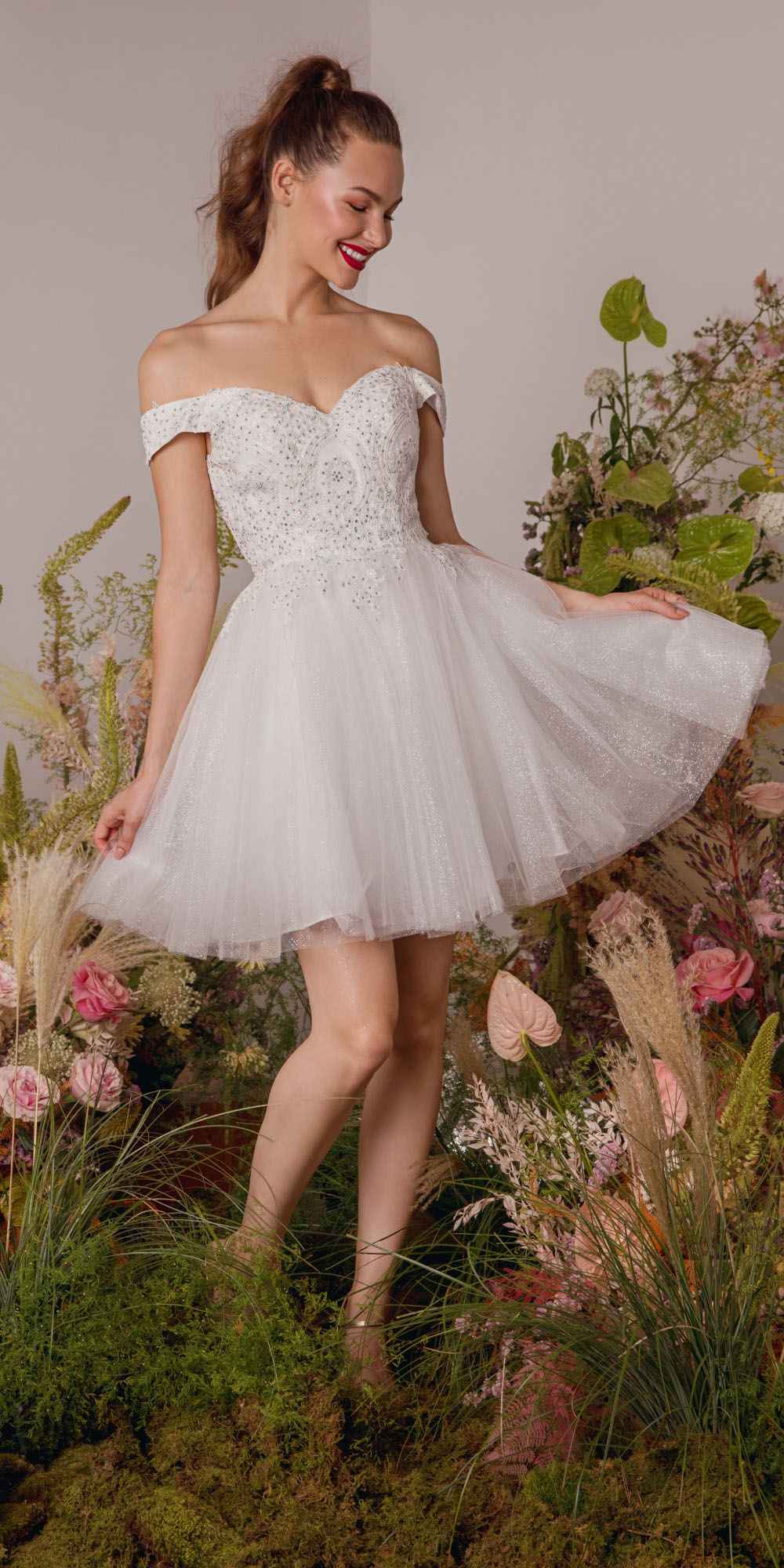 Off-shoulder A-line glitter mesh dress in ivory, swirled skirt with lace-textured bodice