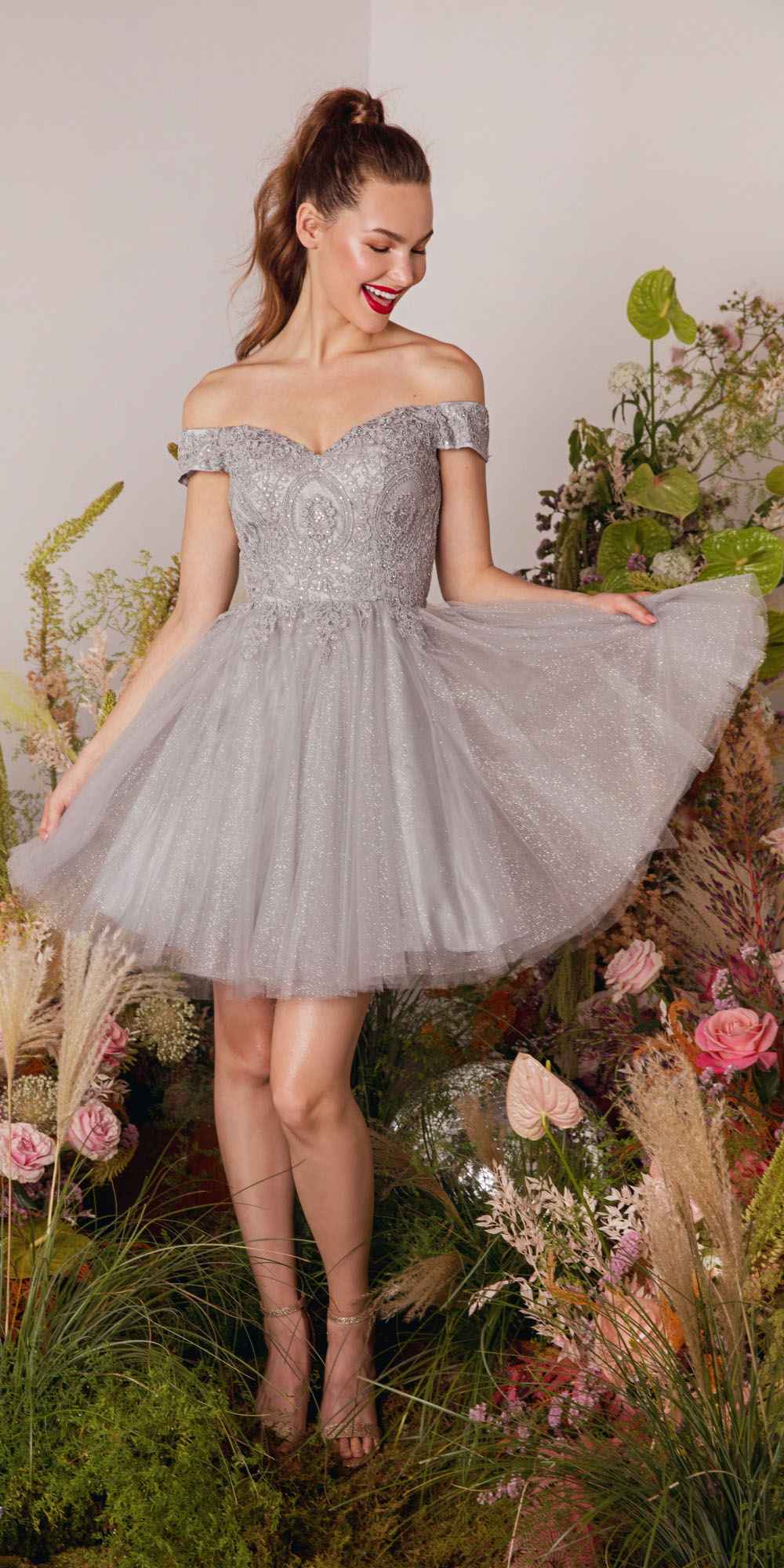 Off-shoulder glitter mesh A-line mini dress, light lilac tulle skirt