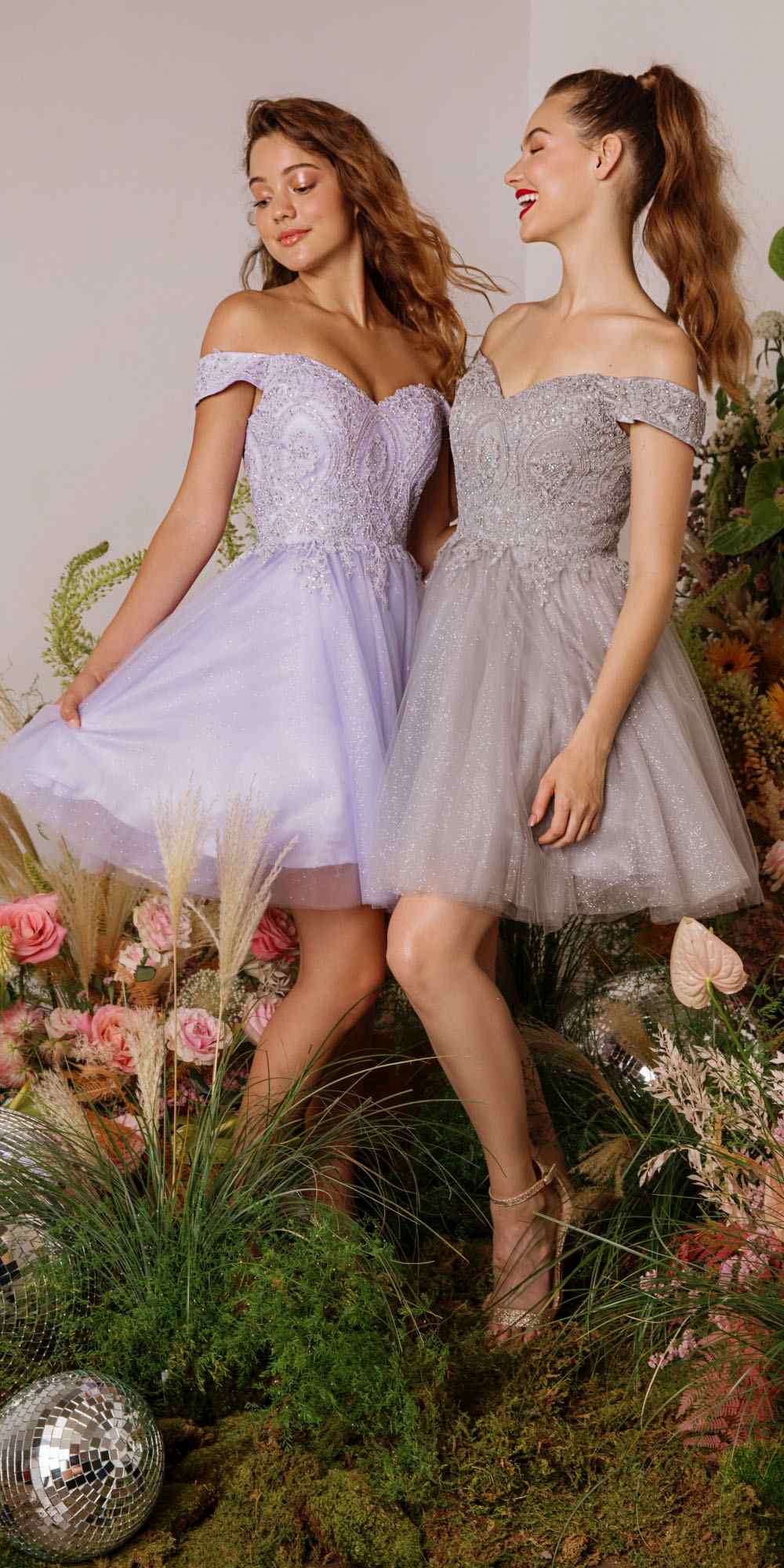 Off-shoulder glitter A-line mini dress, light lilac sheer skirt and puff sleeves