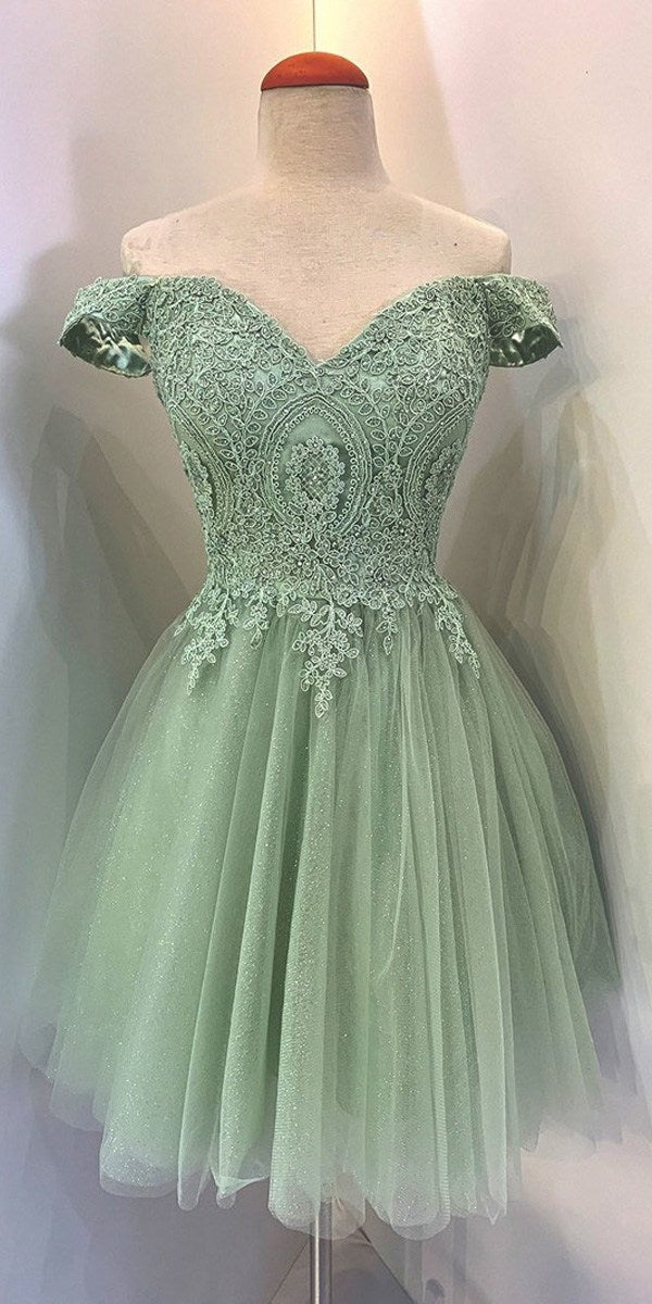 Off-shoulder mint lace glitter A-line mini dress with tulle skirt and short sleeves
