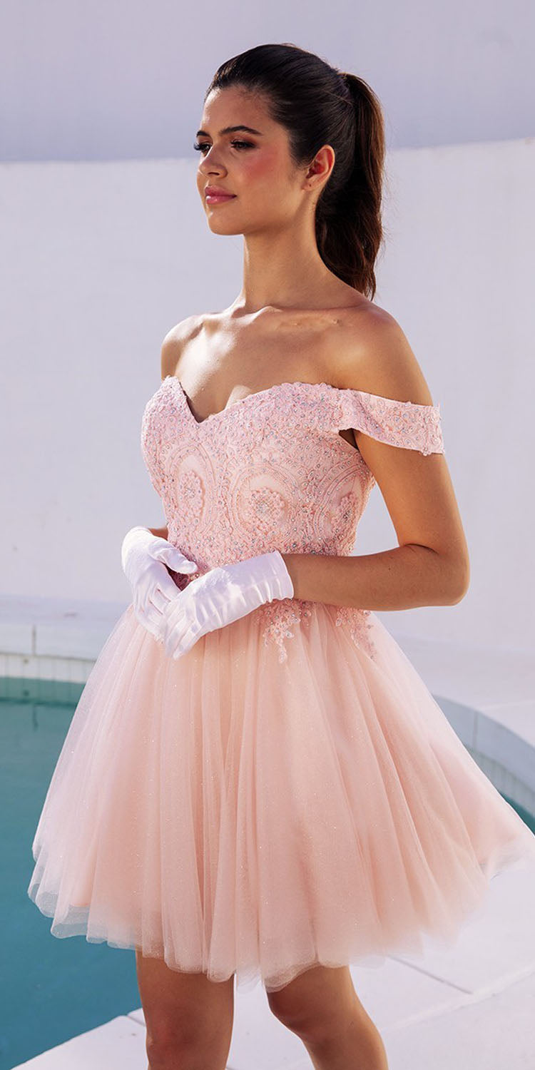 Off-shoulder glitter bodice tulle mini dress in pale pink with white wrist gloves