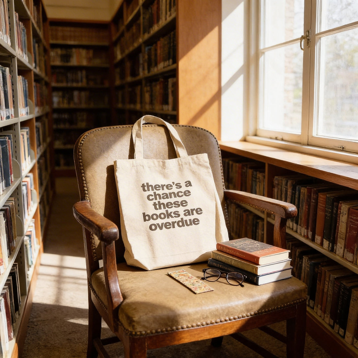 Canvas tote bag on chair with printed quote: there's a chance these books are overdue