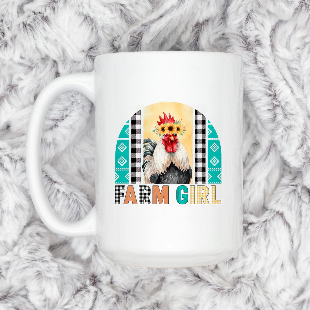 White ceramic mug with rooster and sunflower crown, Farm Girl print