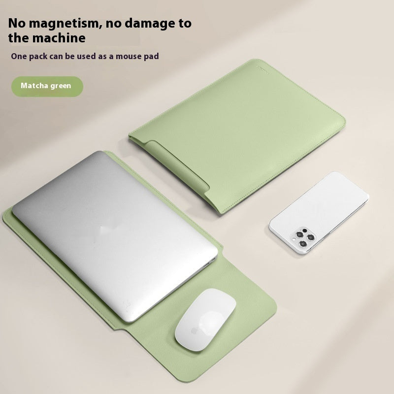 Matcha green laptop sleeve with wraparound flap and side opening