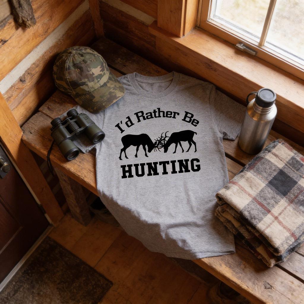 Gray unisex hunting T-shirt laid flat with black hunting graphic on the chest