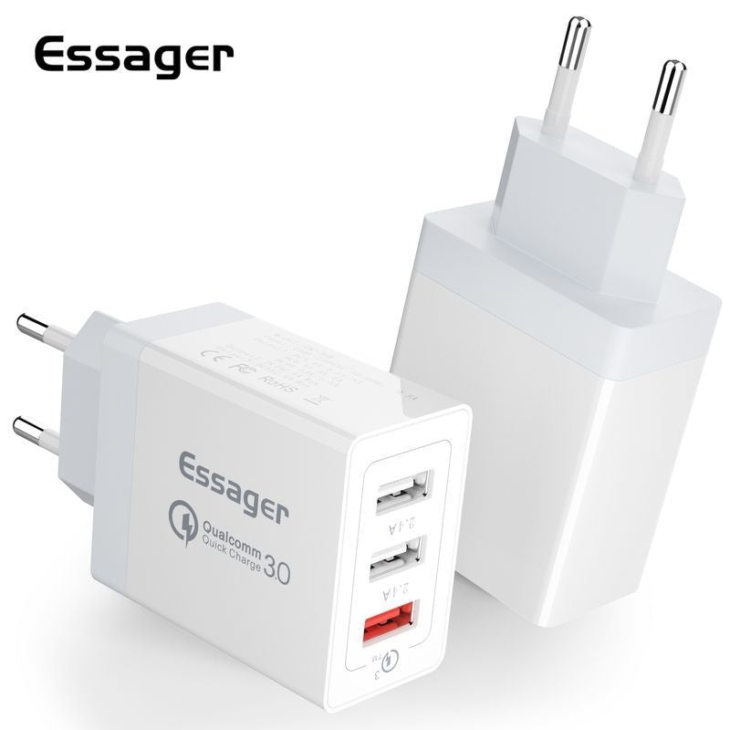 White 3-port USB charger with two prongs and three USB-A outputs