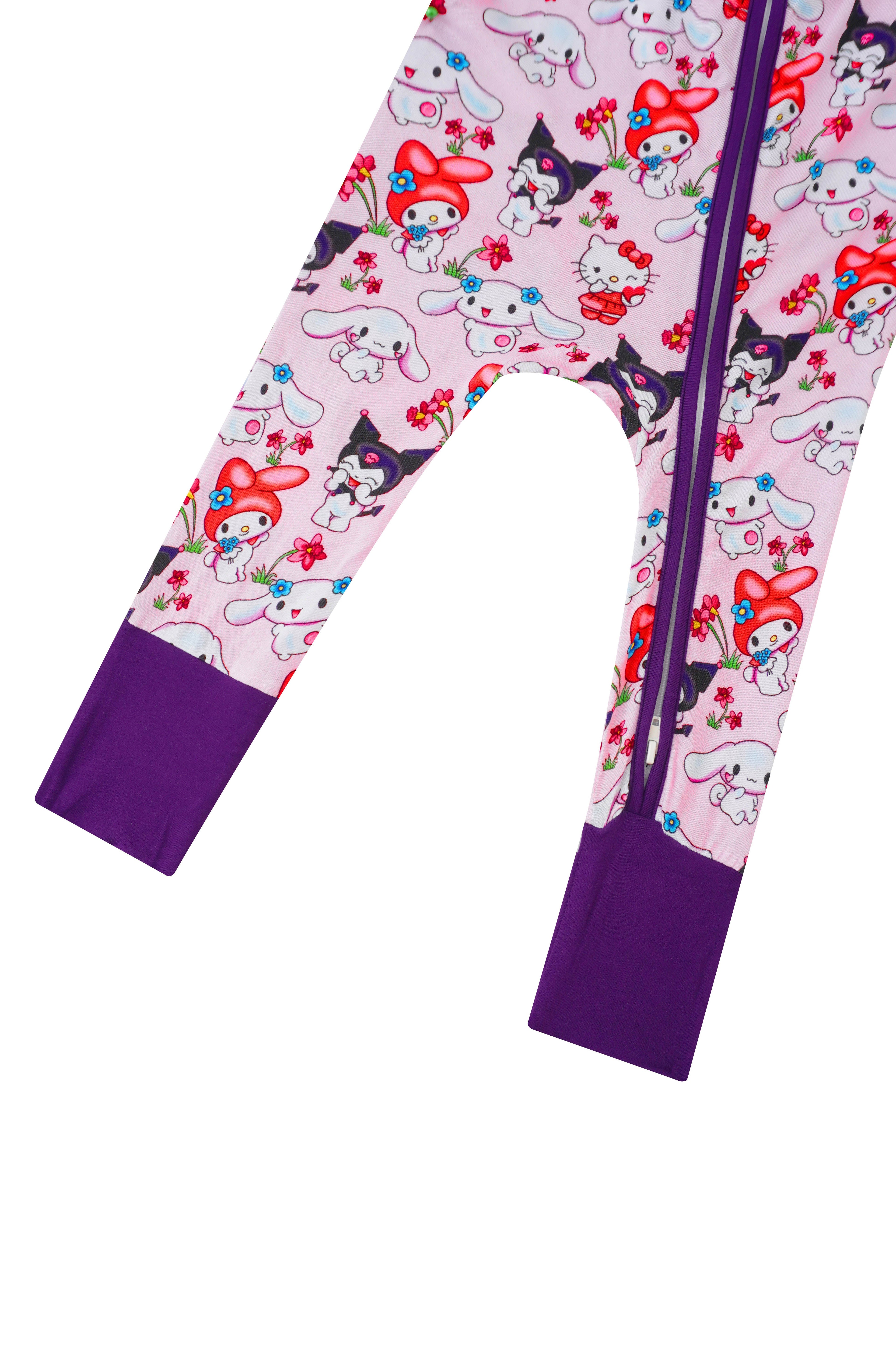 Baby romper pant legs with purple cuffs and red/white character print
