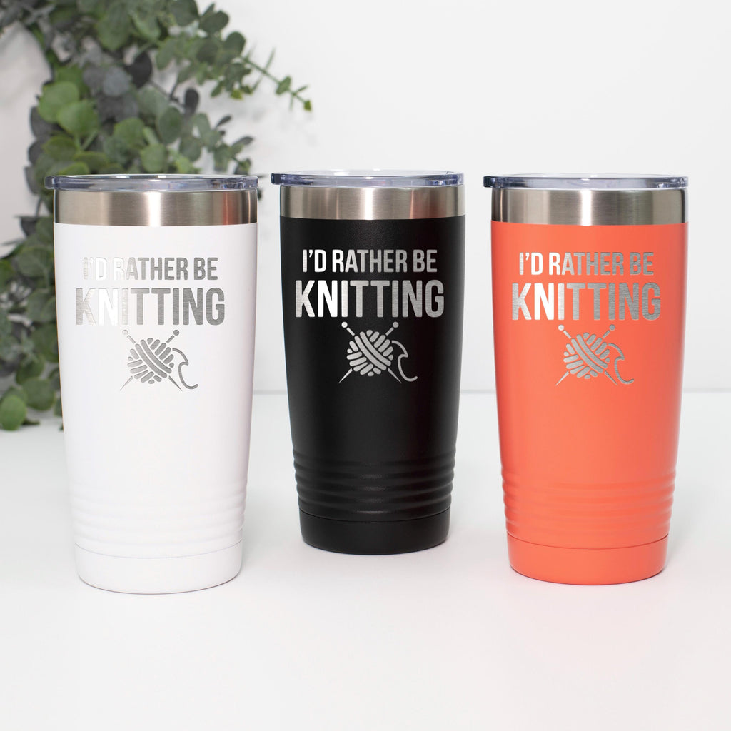 Double-wall stainless steel knitting tumbler, white with black lid and knit graphic