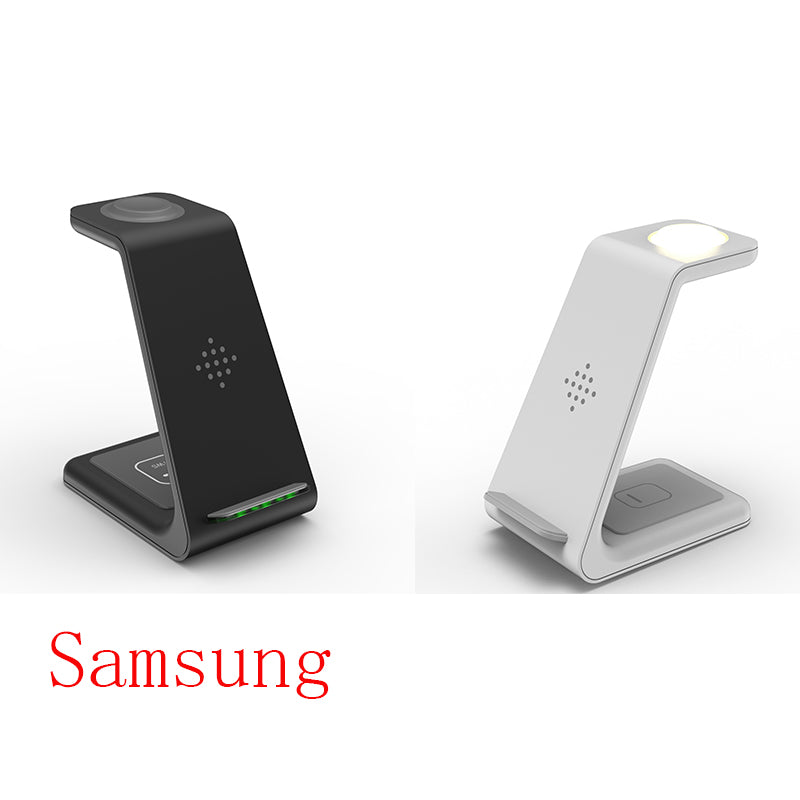 Wireless charger stand set: black and white stands with illuminated charging tops