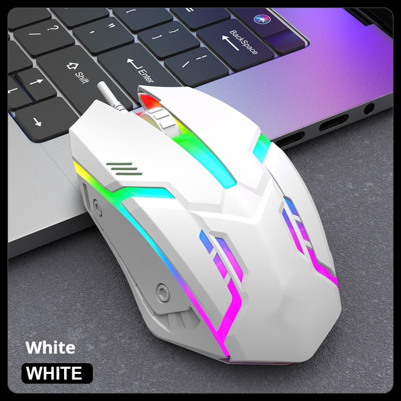 Large wired gaming mouse, white colorway with RGB lighting on angled body