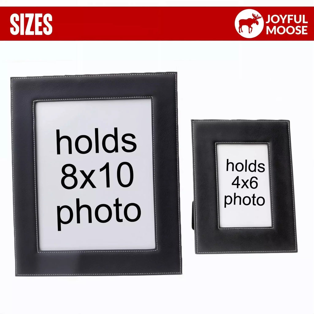Black faux-leather photo frames showing “holds 8x10 photo” and “holds 4x6 photo”