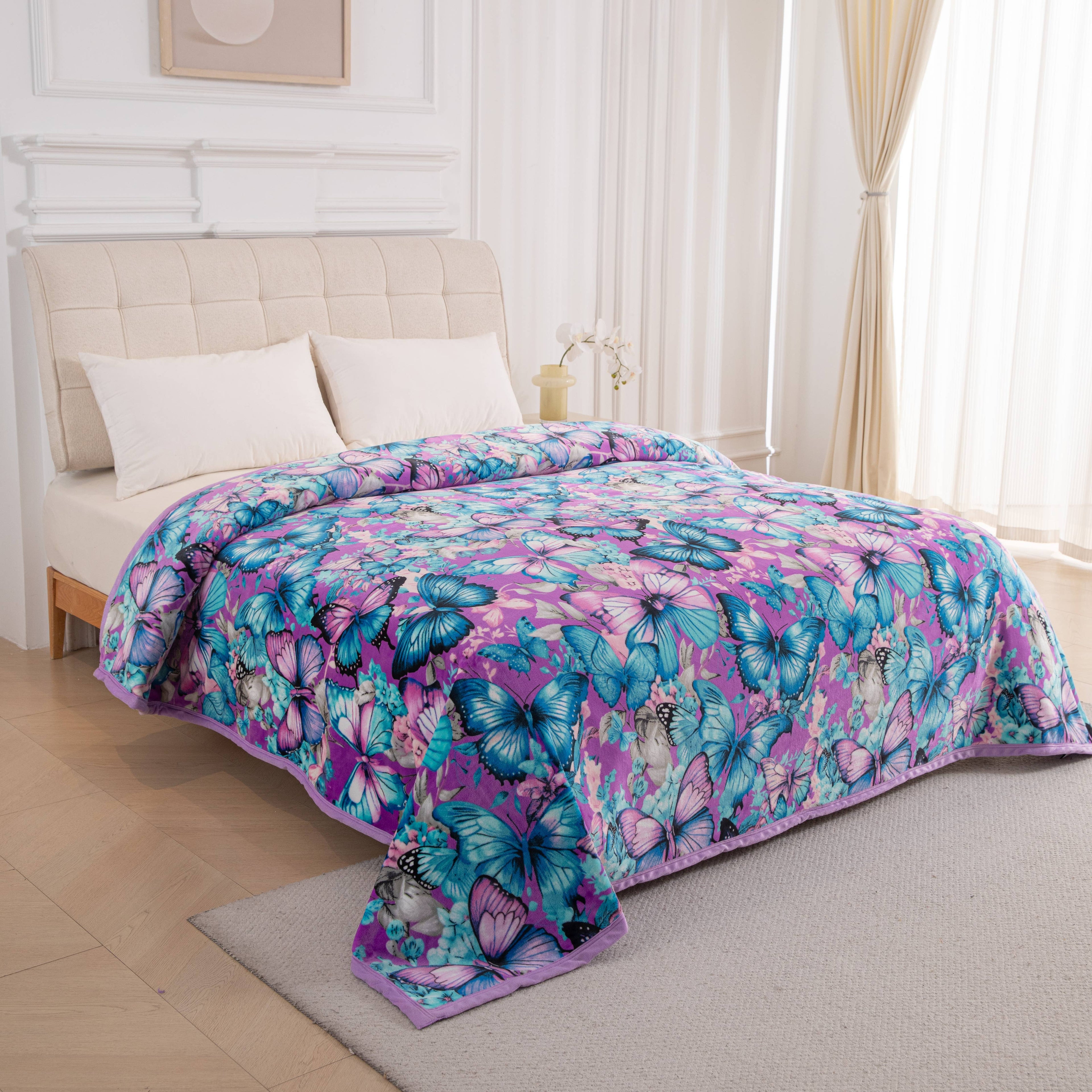 PURPLE AND BLUE BUTTERFLY SUPER KING SIZE SOFT PLUSH BLANKET