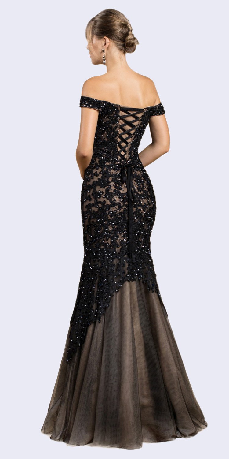 Black off-shoulder mermaid gown with lace appliqué and open crisscross back