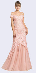 Blush off-shoulder mermaid dress with lace overlay and tulle skirt