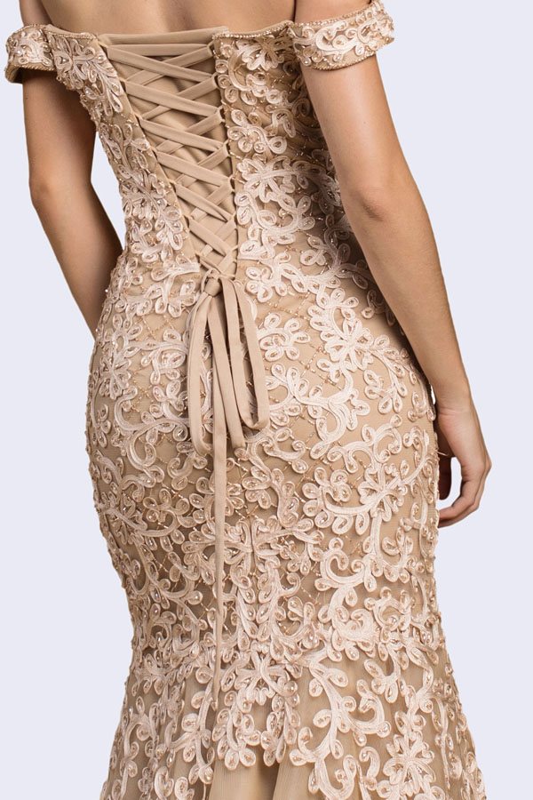 Beige lace mermaid dress with off-shoulder sleeves and corset-style front lacing
