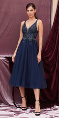 Navy tea-length dress with appliqued bodice and V-neck, gathered skirt