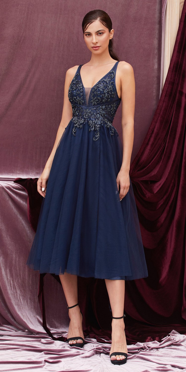 Navy tea-length dress with appliqued bodice and V-neck, gathered skirt