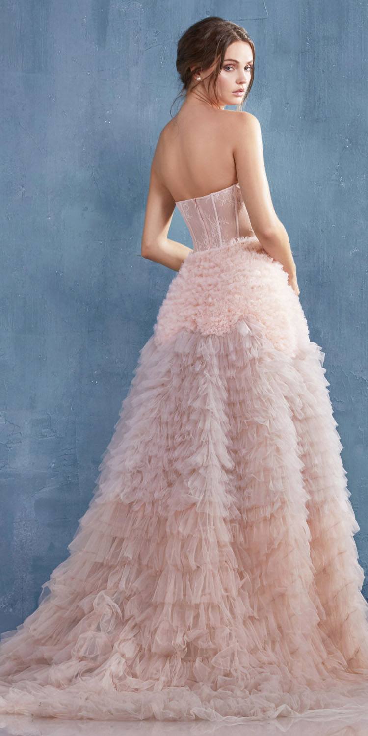 Strapless tiered long formal dress with corset-back detail and layered ruffled tulle