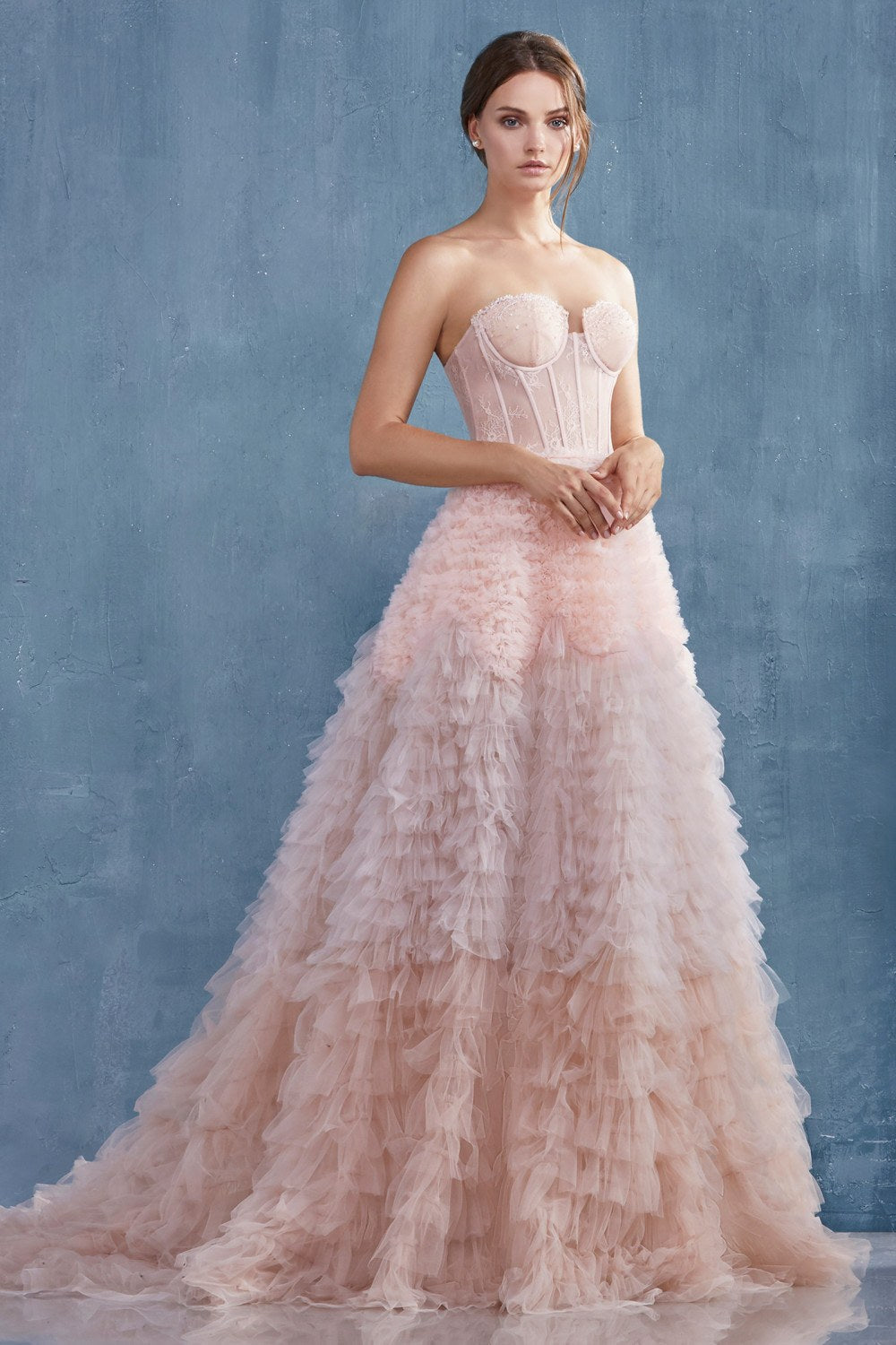 Strapless tiered long formal dress with corset bodice and soft ruffled tulle layers