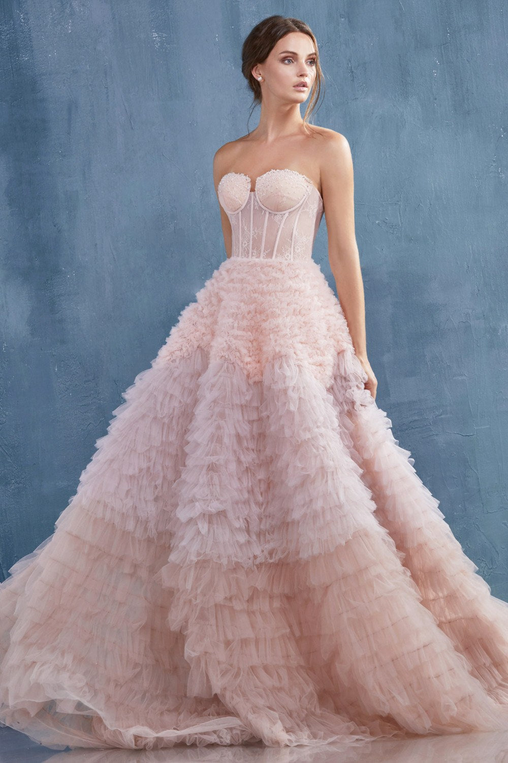 Sweetheart strapless tiered long formal dress with corset bodice and tiered ruffle skirt