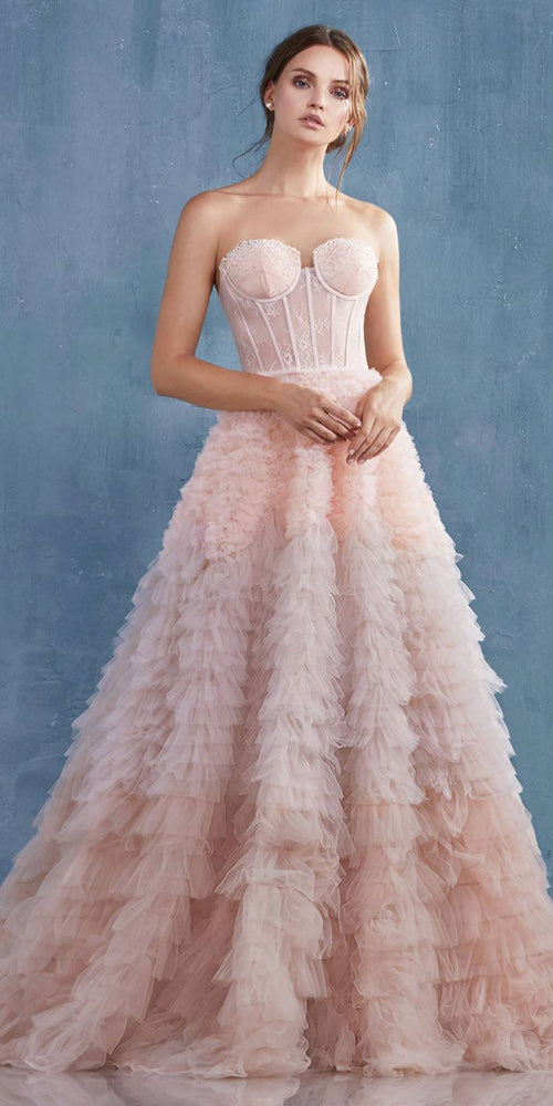 Strapless tiered long formal dress with corset bodice and cascading ruffled tulle skirt