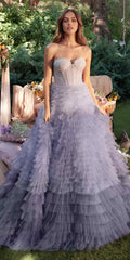 Sweetheart strapless tiered long formal dress with corset bodice and airy ruffled tiers